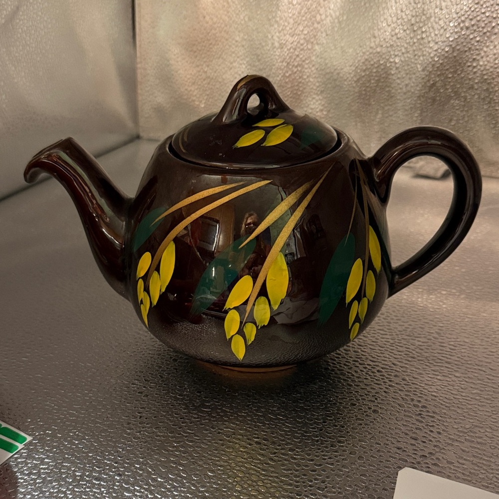 Vintage Hand Painted Brown Teapot with Yellow and Green Accents